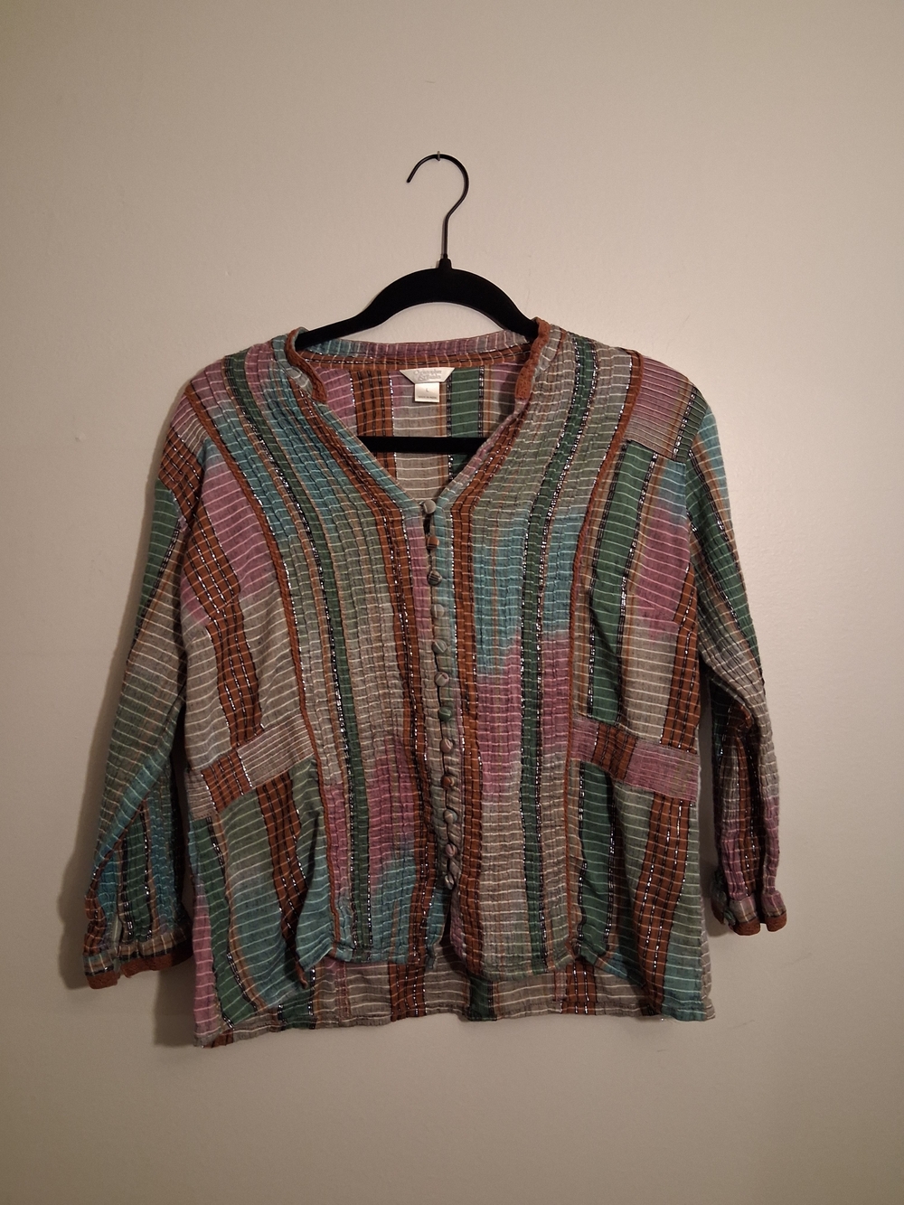 Striped Patchwork Button-Front Jacket in Teal, Mauve & Rust